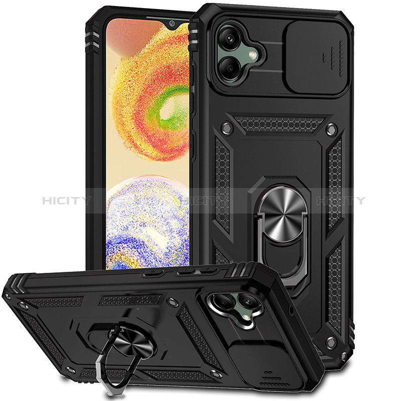 Custodia Silicone e Plastica Opaca Cover con Magnetico Anello Supporto MQ6 per Samsung Galaxy F04 Nero