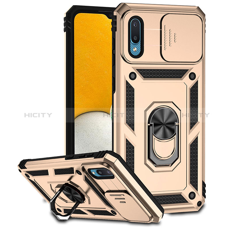 Custodia Silicone e Plastica Opaca Cover con Magnetico Anello Supporto MQ6 per Samsung Galaxy M02 Oro