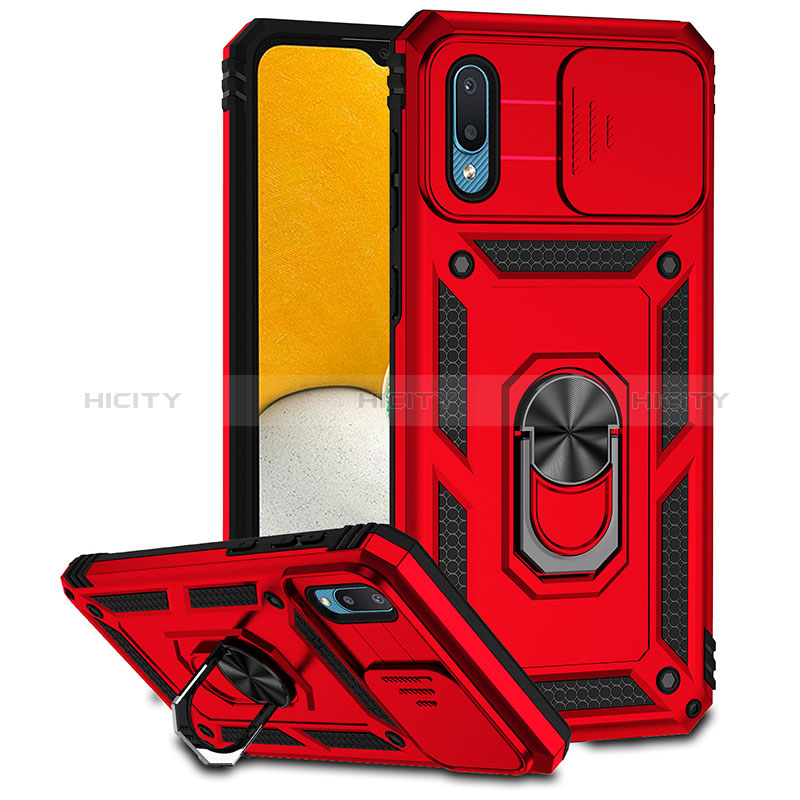 Custodia Silicone e Plastica Opaca Cover con Magnetico Anello Supporto MQ6 per Samsung Galaxy M02 Rosso