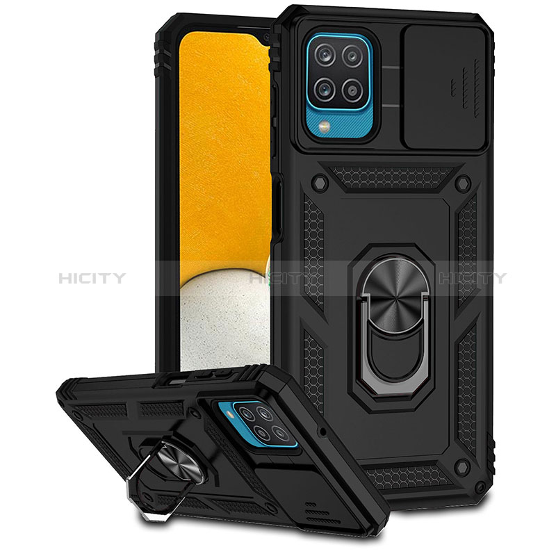 Custodia Silicone e Plastica Opaca Cover con Magnetico Anello Supporto MQ6 per Samsung Galaxy M12 Nero