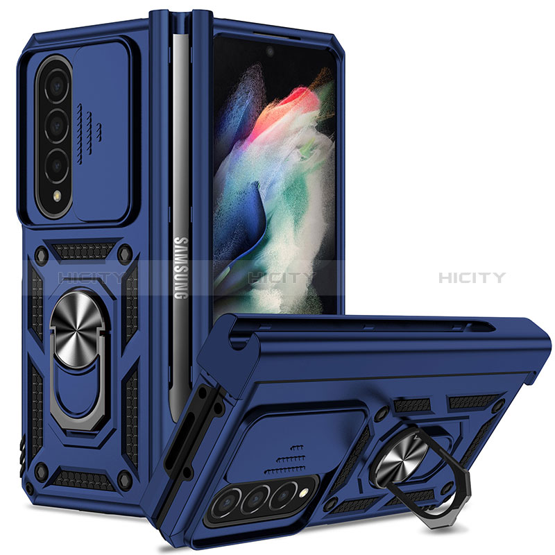 Custodia Silicone e Plastica Opaca Cover con Magnetico Anello Supporto MQ6 per Samsung Galaxy Z Fold3 5G Blu