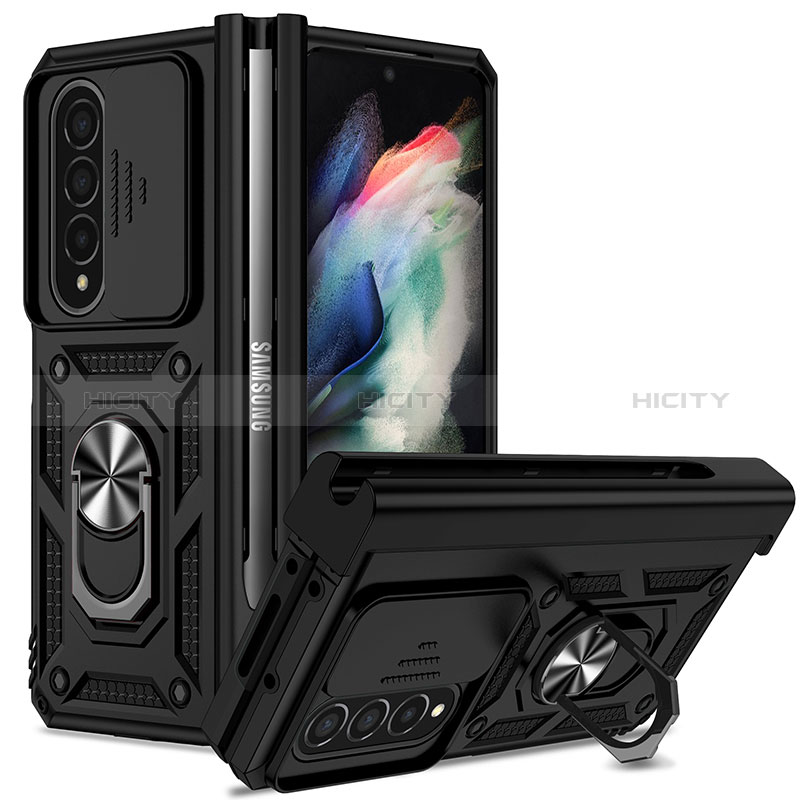 Custodia Silicone e Plastica Opaca Cover con Magnetico Anello Supporto MQ6 per Samsung Galaxy Z Fold3 5G Nero