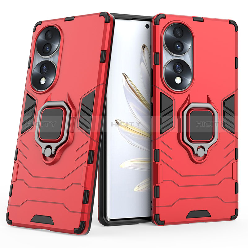 Custodia Silicone e Plastica Opaca Cover con Magnetico Anello Supporto per Huawei Honor 70 5G Rosso