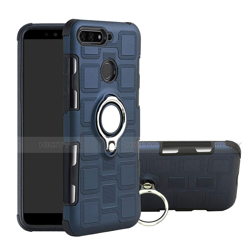 Custodia Silicone e Plastica Opaca Cover con Magnetico Anello Supporto per Huawei Y6 Prime (2018) Blu