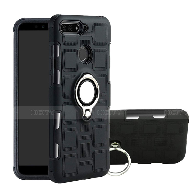 Custodia Silicone e Plastica Opaca Cover con Magnetico Anello Supporto per Huawei Y6 Prime (2018) Nero