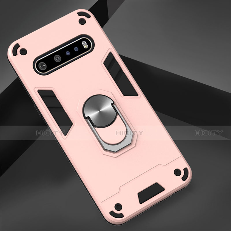 Custodia Silicone e Plastica Opaca Cover con Magnetico Anello Supporto per LG V60 ThinQ 5G Oro Rosa