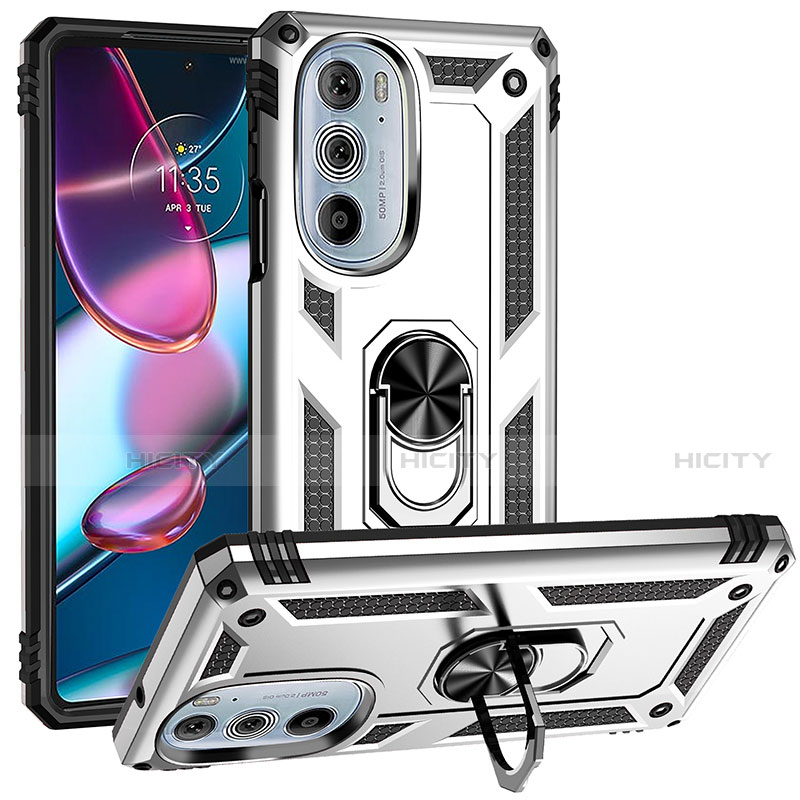 Custodia Silicone e Plastica Opaca Cover con Magnetico Anello Supporto per Motorola Moto Edge 30 Pro 5G Argento