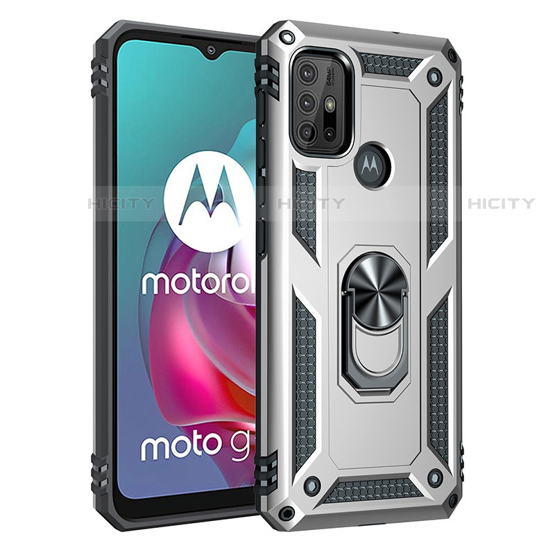 Custodia Silicone e Plastica Opaca Cover con Magnetico Anello Supporto per Motorola Moto G10 Argento