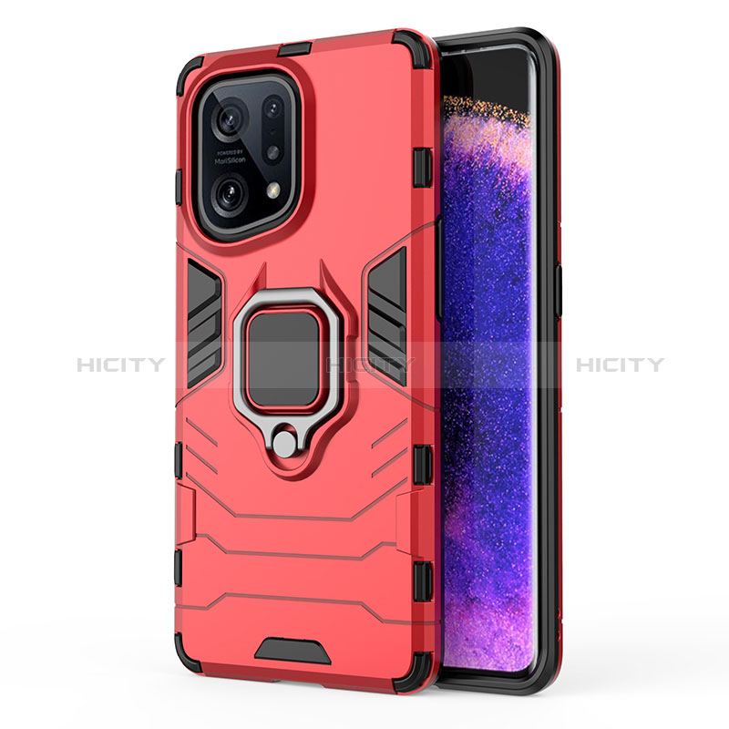 Custodia Silicone e Plastica Opaca Cover con Magnetico Anello Supporto per Oppo Find X5 5G Rosso