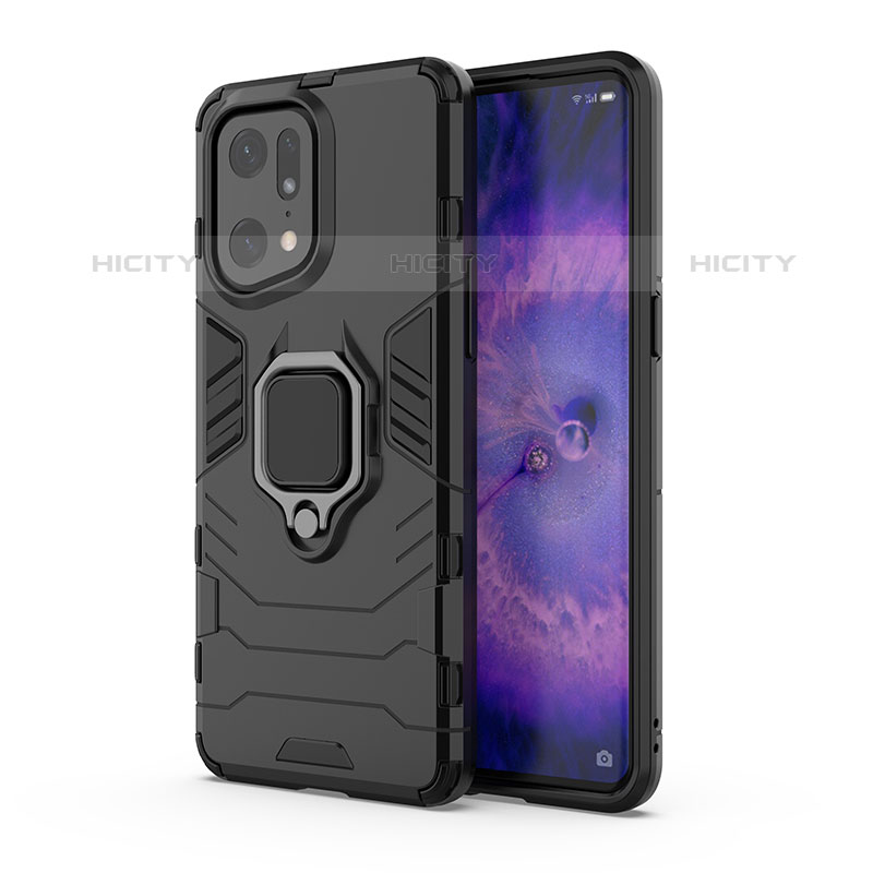 Custodia Silicone e Plastica Opaca Cover con Magnetico Anello Supporto per Oppo Find X5 Pro 5G Nero