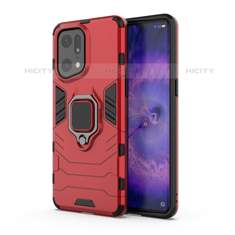 Custodia Silicone e Plastica Opaca Cover con Magnetico Anello Supporto per Oppo Find X5 Pro 5G Rosso