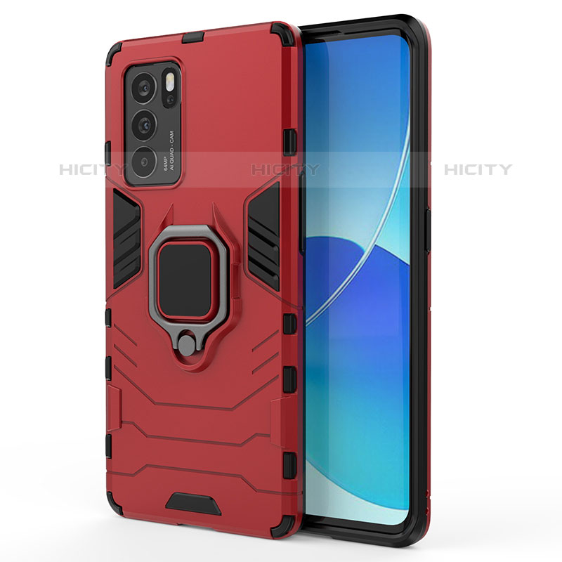 Custodia Silicone e Plastica Opaca Cover con Magnetico Anello Supporto per Oppo Reno6 Pro 5G India Rosso