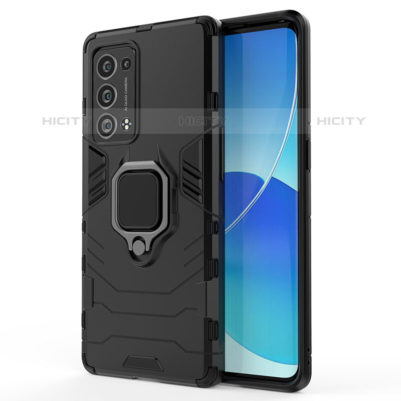 Custodia Silicone e Plastica Opaca Cover con Magnetico Anello Supporto per Oppo Reno6 Pro 5G Nero