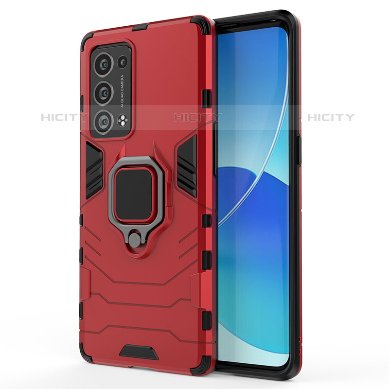 Custodia Silicone e Plastica Opaca Cover con Magnetico Anello Supporto per Oppo Reno6 Pro 5G Rosso