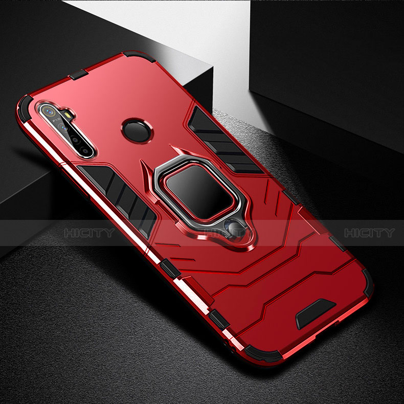 Custodia Silicone e Plastica Opaca Cover con Magnetico Anello Supporto per Realme Q Rosso