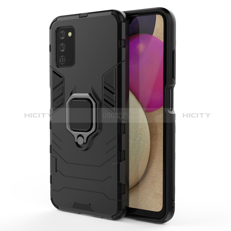 Custodia Silicone e Plastica Opaca Cover con Magnetico Anello Supporto per Samsung Galaxy A02s Nero