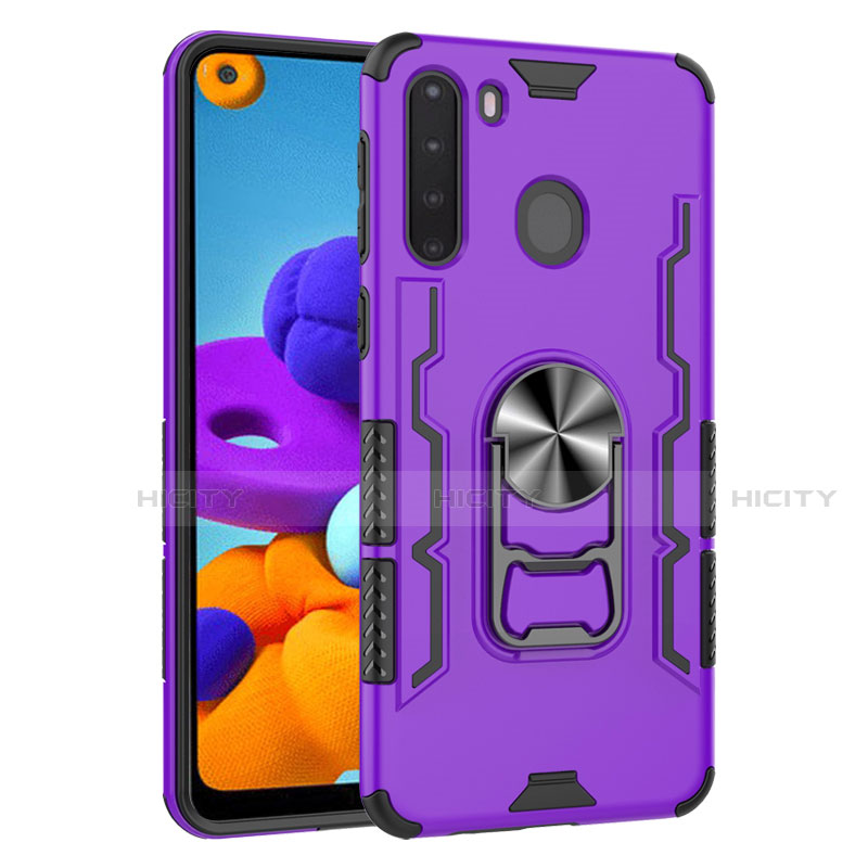 Custodia Silicone e Plastica Opaca Cover con Magnetico Anello Supporto per Samsung Galaxy A21 Viola