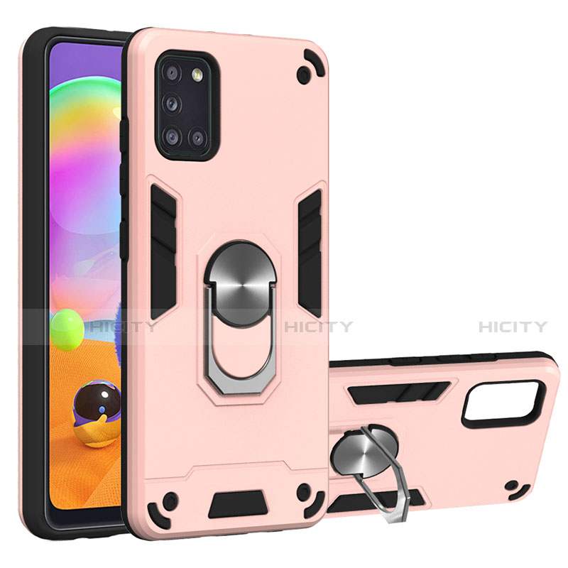 Custodia Silicone e Plastica Opaca Cover con Magnetico Anello Supporto per Samsung Galaxy A31 Oro Rosa