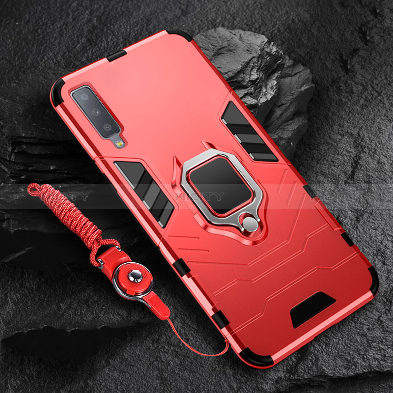 Custodia Silicone e Plastica Opaca Cover con Magnetico Anello Supporto per Samsung Galaxy A7 (2018) A750 Rosso