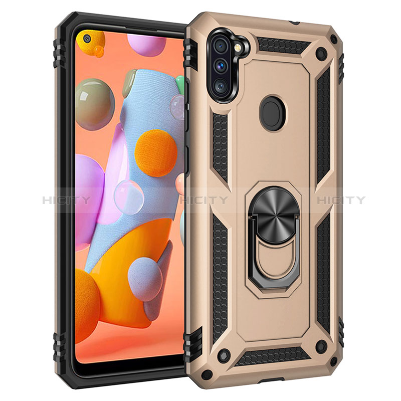 Custodia Silicone e Plastica Opaca Cover con Magnetico Anello Supporto per Samsung Galaxy M11 Oro