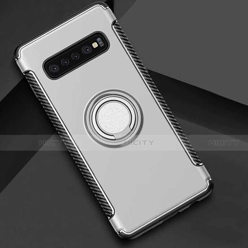 Custodia Silicone e Plastica Opaca Cover con Magnetico Anello Supporto per Samsung Galaxy S10 5G Argento