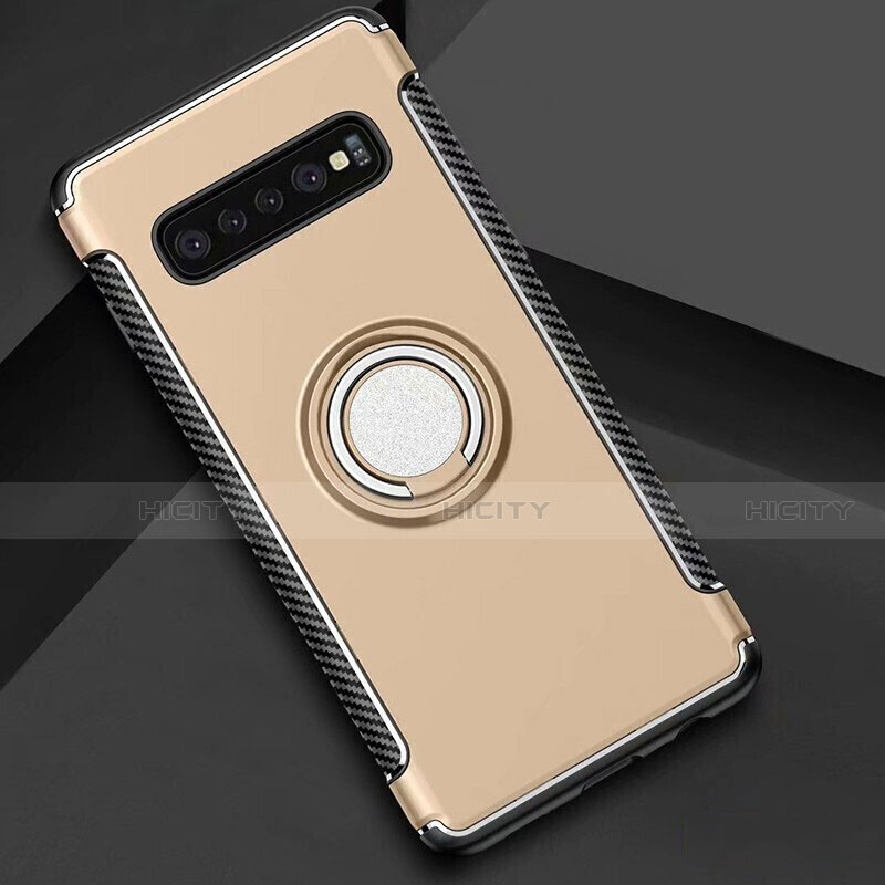 Custodia Silicone e Plastica Opaca Cover con Magnetico Anello Supporto per Samsung Galaxy S10 Oro