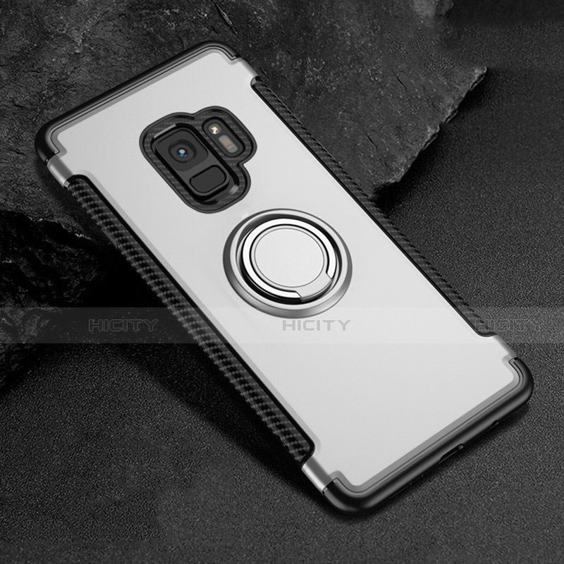 Custodia Silicone e Plastica Opaca Cover con Magnetico Anello Supporto per Samsung Galaxy S9 Argento