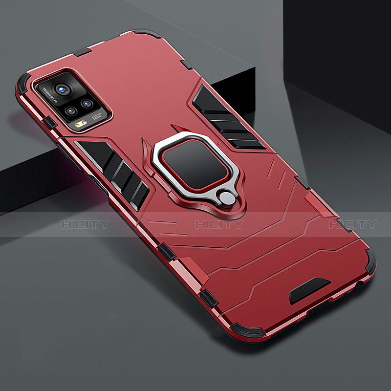 Custodia Silicone e Plastica Opaca Cover con Magnetico Anello Supporto per Vivo V20 Pro 5G Rosso