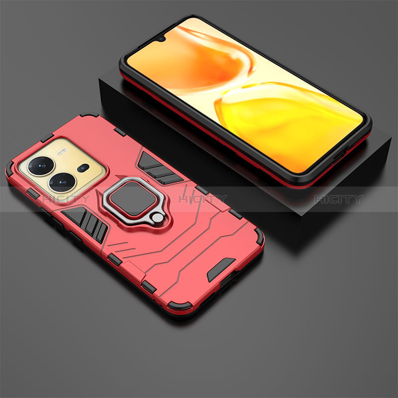 Custodia Silicone e Plastica Opaca Cover con Magnetico Anello Supporto per Vivo X80 Lite 5G Rosso