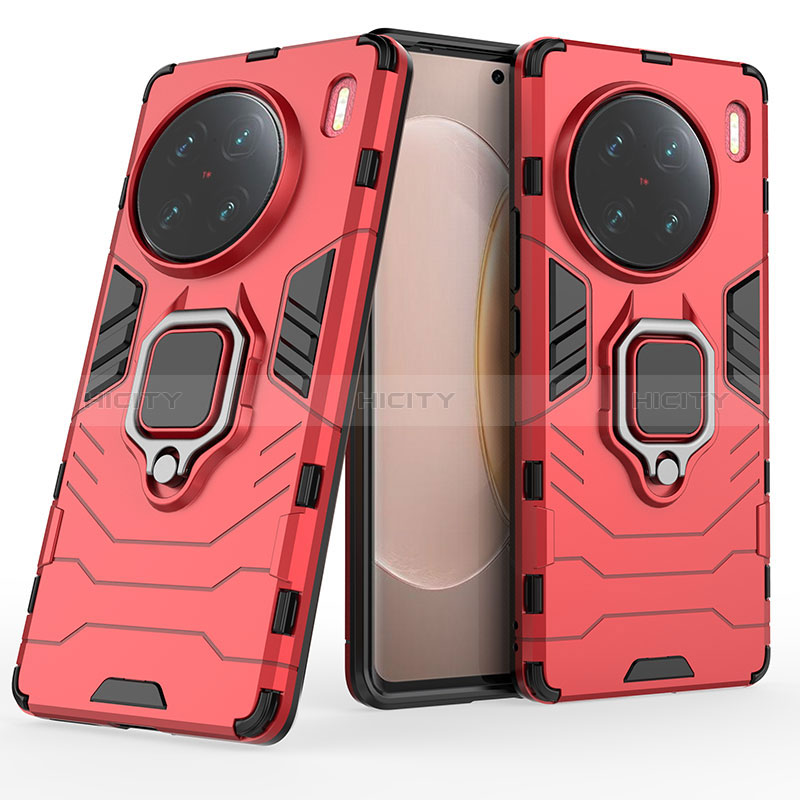 Custodia Silicone e Plastica Opaca Cover con Magnetico Anello Supporto per Vivo X90 Pro+ Plus 5G Rosso