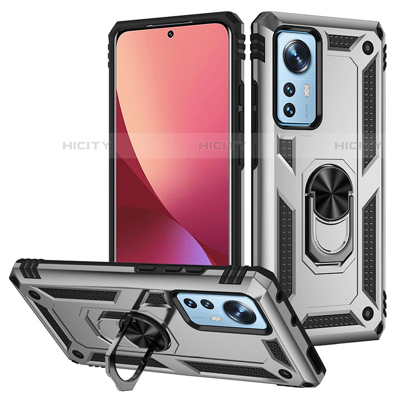 Custodia Silicone e Plastica Opaca Cover con Magnetico Anello Supporto per Xiaomi Mi 12S Pro 5G Argento