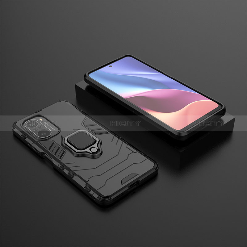 Custodia Silicone e Plastica Opaca Cover con Magnetico Anello Supporto per Xiaomi Poco F3 5G Nero