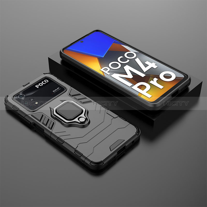 Custodia Silicone e Plastica Opaca Cover con Magnetico Anello Supporto per Xiaomi Poco M4 Pro 4G Nero