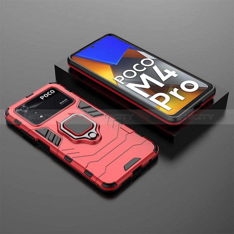 Custodia Silicone e Plastica Opaca Cover con Magnetico Anello Supporto per Xiaomi Poco M4 Pro 4G Rosso