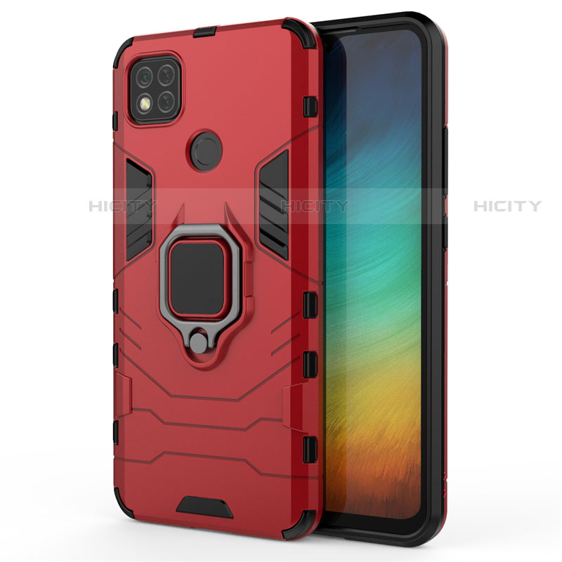 Custodia Silicone e Plastica Opaca Cover con Magnetico Anello Supporto per Xiaomi Redmi 9C Rosso