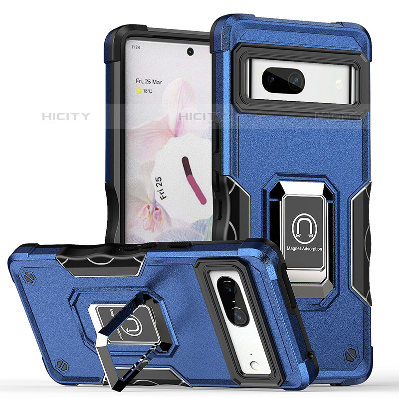 Custodia Silicone e Plastica Opaca Cover con Magnetico Anello Supporto QW1 per Google Pixel 7 5G Blu