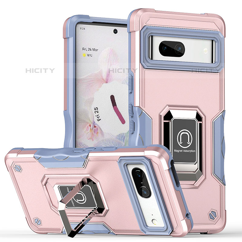 Custodia Silicone e Plastica Opaca Cover con Magnetico Anello Supporto QW1 per Google Pixel 7 5G Oro Rosa