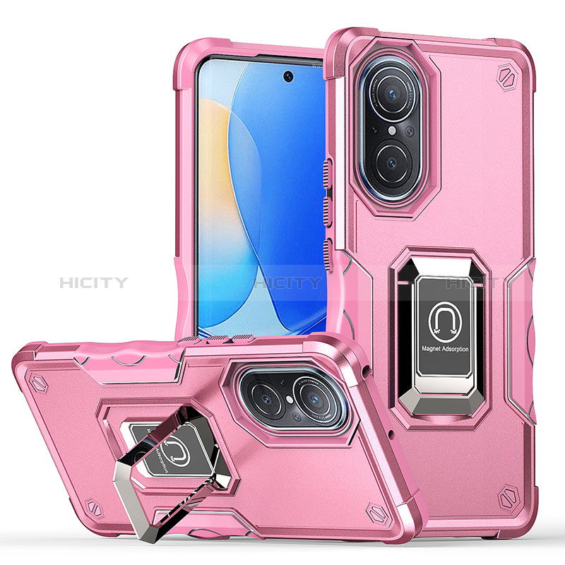 Custodia Silicone e Plastica Opaca Cover con Magnetico Anello Supporto QW1 per Huawei Nova 9 Rosa