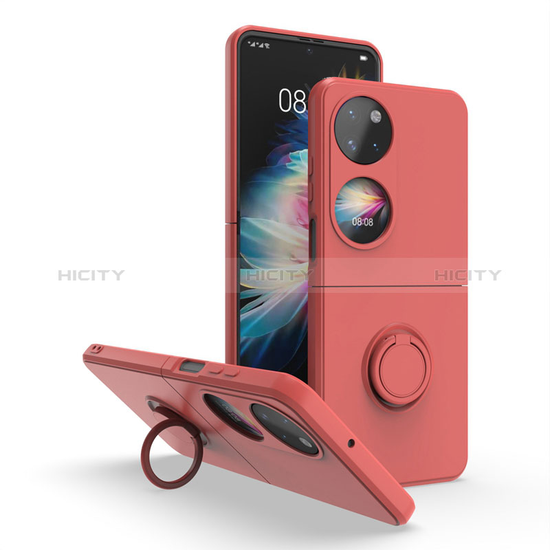 Custodia Silicone e Plastica Opaca Cover con Magnetico Anello Supporto QW1 per Huawei P60 Pocket Rosso Rosa