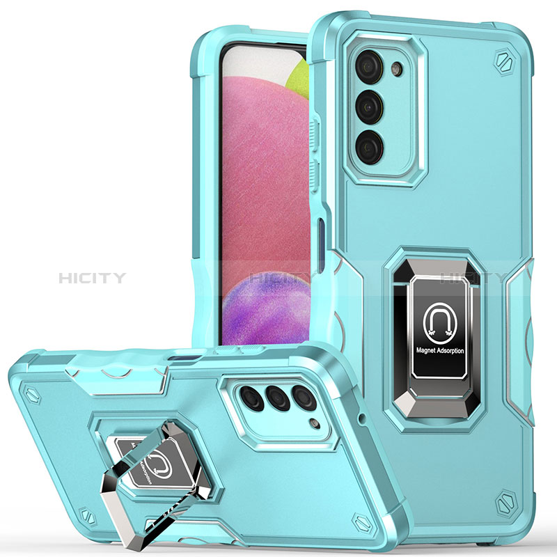 Custodia Silicone e Plastica Opaca Cover con Magnetico Anello Supporto QW1 per Samsung Galaxy A02s Azzurro