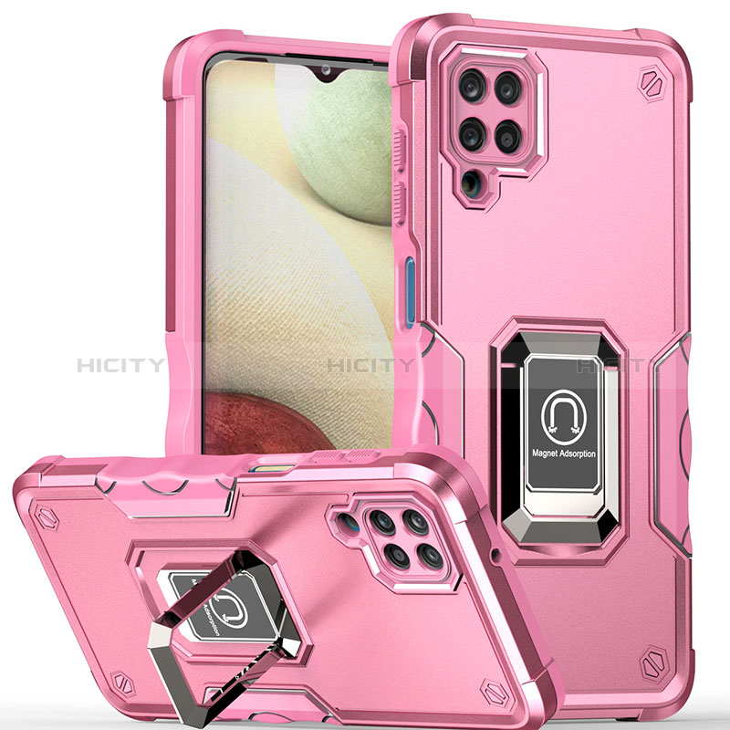 Custodia Silicone e Plastica Opaca Cover con Magnetico Anello Supporto QW1 per Samsung Galaxy A12 5G Oro Rosa