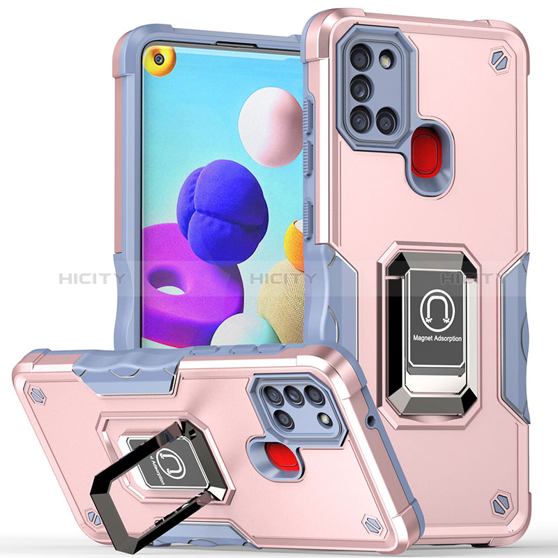 Custodia Silicone e Plastica Opaca Cover con Magnetico Anello Supporto QW1 per Samsung Galaxy A21s Rosa