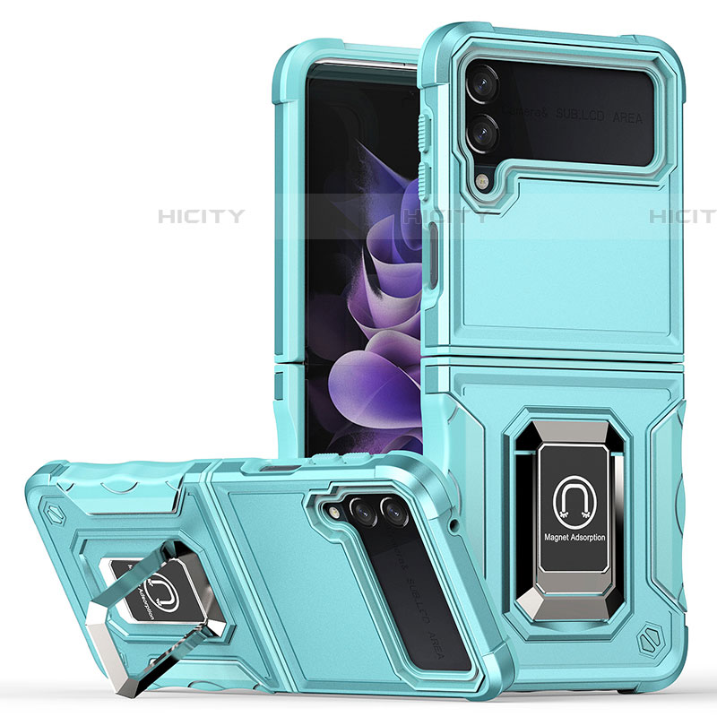 Custodia Silicone e Plastica Opaca Cover con Magnetico Anello Supporto QW1 per Samsung Galaxy Z Flip4 5G Azzurro