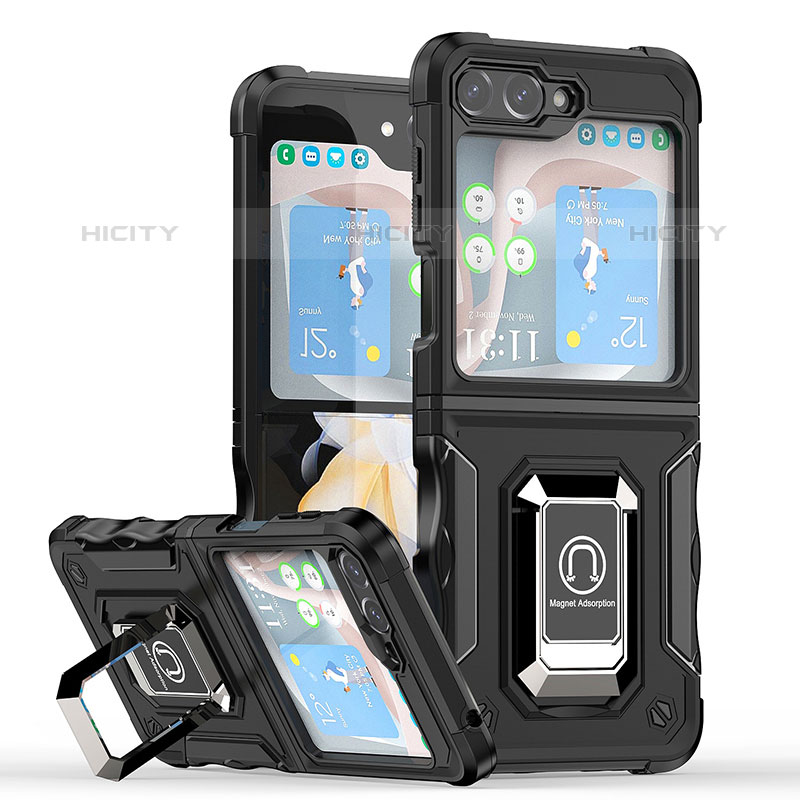 Custodia Silicone e Plastica Opaca Cover con Magnetico Anello Supporto QW1 per Samsung Galaxy Z Flip5 5G Nero