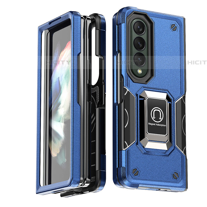 Custodia Silicone e Plastica Opaca Cover con Magnetico Anello Supporto QW1 per Samsung Galaxy Z Fold4 5G Blu