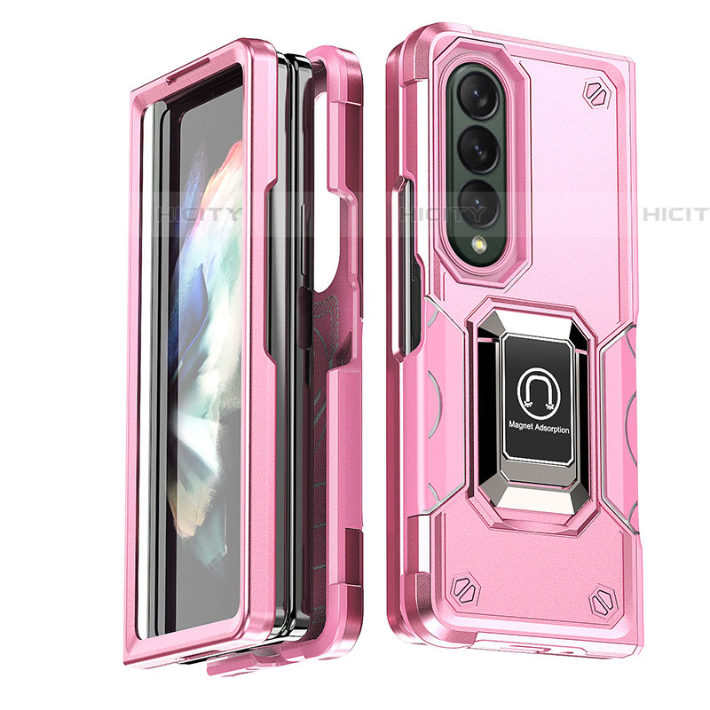 Custodia Silicone e Plastica Opaca Cover con Magnetico Anello Supporto QW1 per Samsung Galaxy Z Fold4 5G Oro Rosa