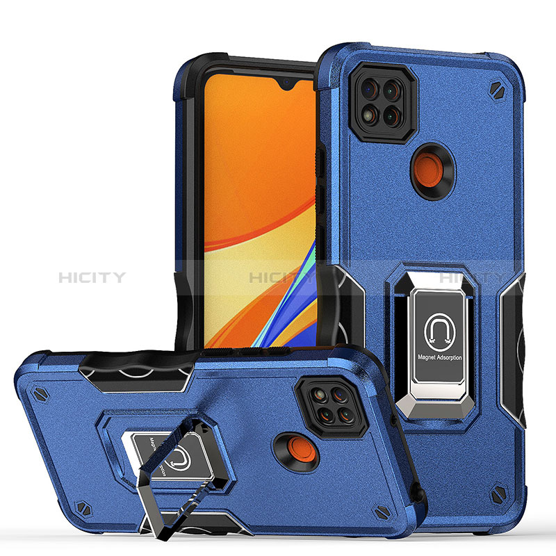 Custodia Silicone e Plastica Opaca Cover con Magnetico Anello Supporto QW1 per Xiaomi POCO C3 Blu