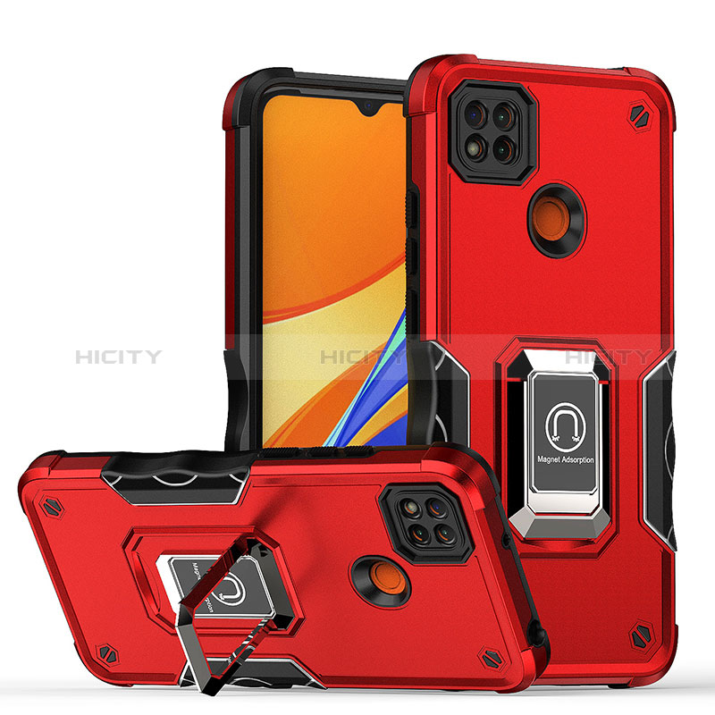 Custodia Silicone e Plastica Opaca Cover con Magnetico Anello Supporto QW1 per Xiaomi POCO C3 Rosso