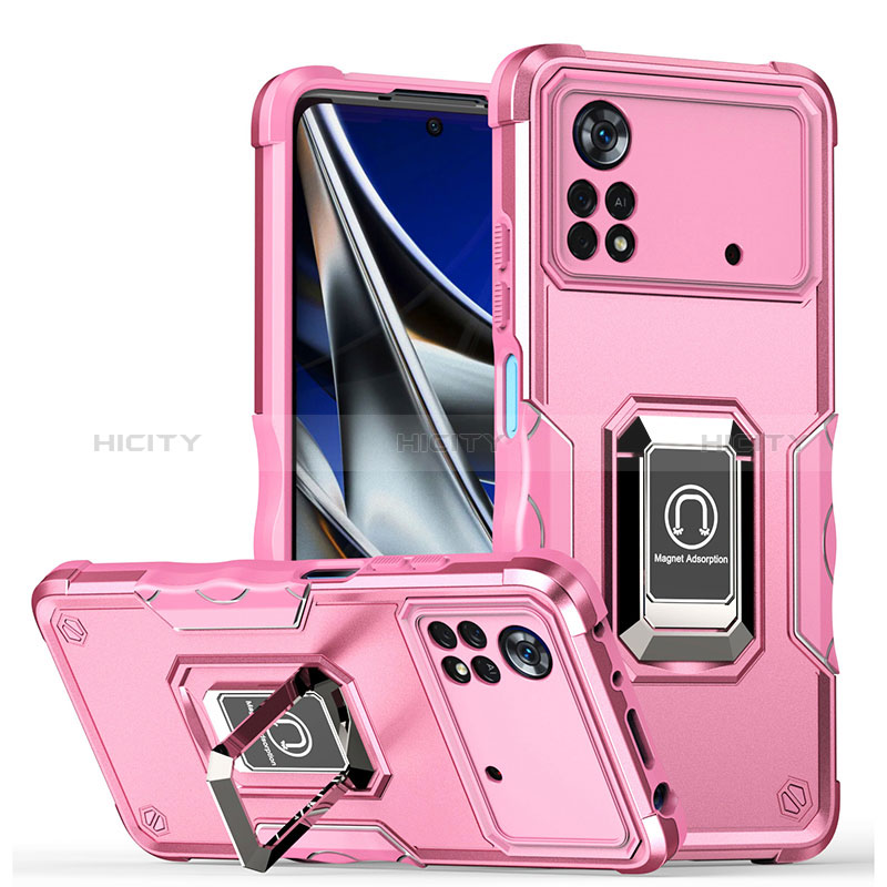 Custodia Silicone e Plastica Opaca Cover con Magnetico Anello Supporto QW1 per Xiaomi Poco M4 Pro 4G Oro Rosa