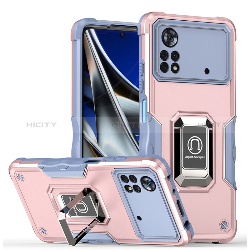 Custodia Silicone e Plastica Opaca Cover con Magnetico Anello Supporto QW1 per Xiaomi Poco M4 Pro 4G Rosa